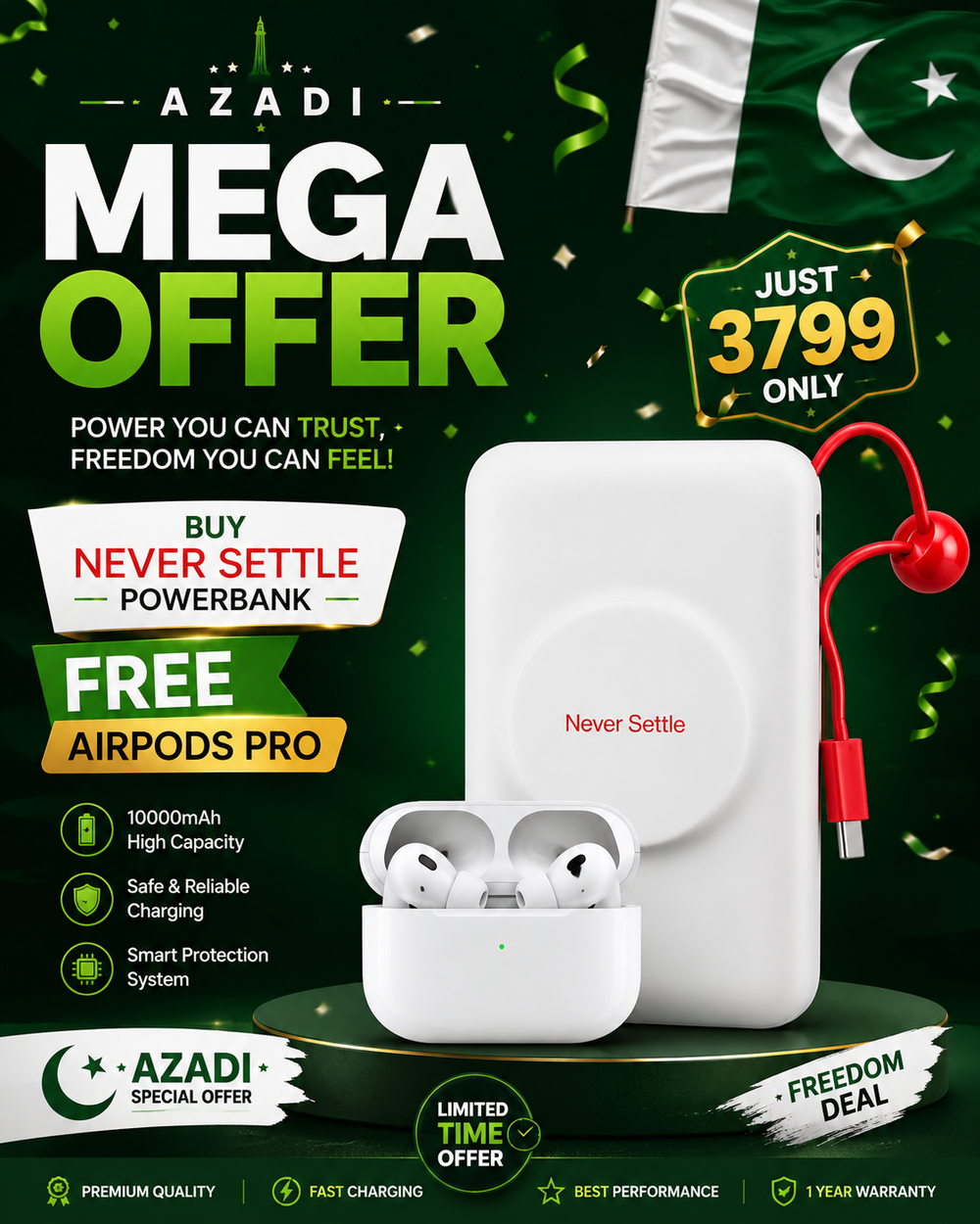 Mega Azadi Offer – Never Settle Power Bank + Free AirPods Pro 2